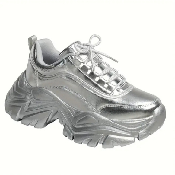 Shoes - Women Silver Metallic Chunky Platform Sneakers